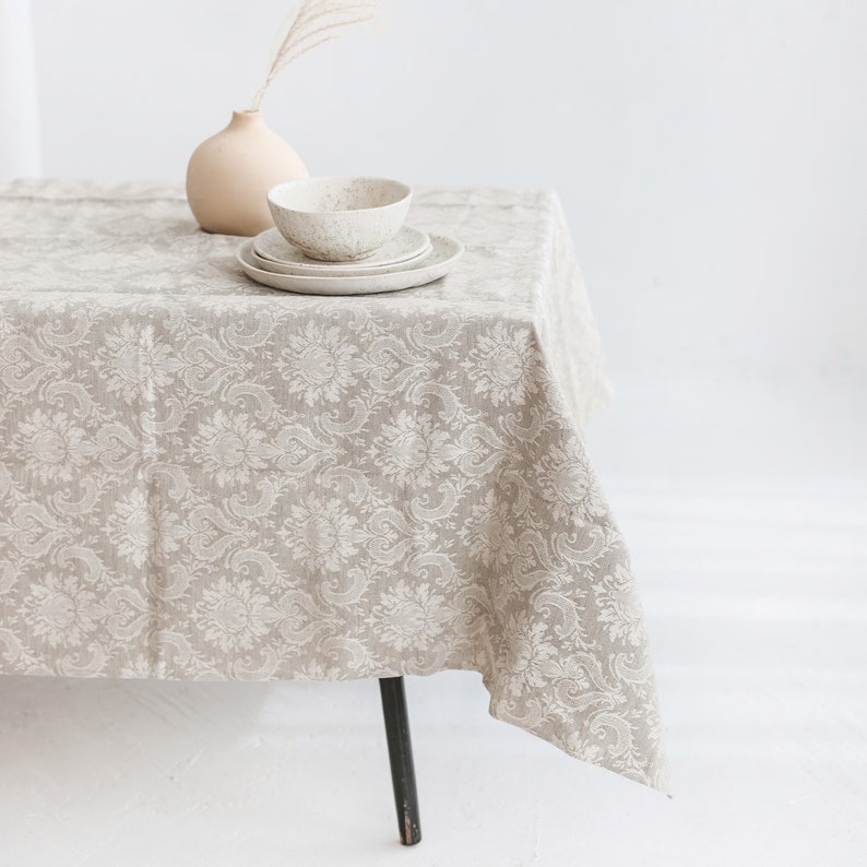Linen Jacquard Tablecloth with Royal Pattern Large Vintage Heavyweight Tablecloth Size 147x147cm Square Table Linen image 1