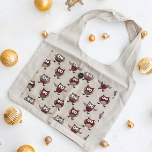 Linen Foldable Bag with Owls Handmade Shopping Tote Eco friendly Reusable Bag Bag with Deep Front Pocket image 8