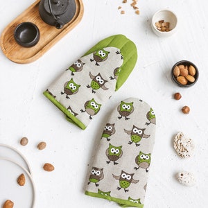 Pair of Handmade Large Linen Oven Mitts • Protective Cooking Glove • OWLS