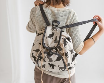 Women Backpack with Cats  • Linen Drawstring Boho Bag • Festival Rucksack • Summer Travel Backpack