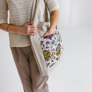 Linen Fold-up Tote with Flowers Eco friendly Reusable Shopper Bag image 2