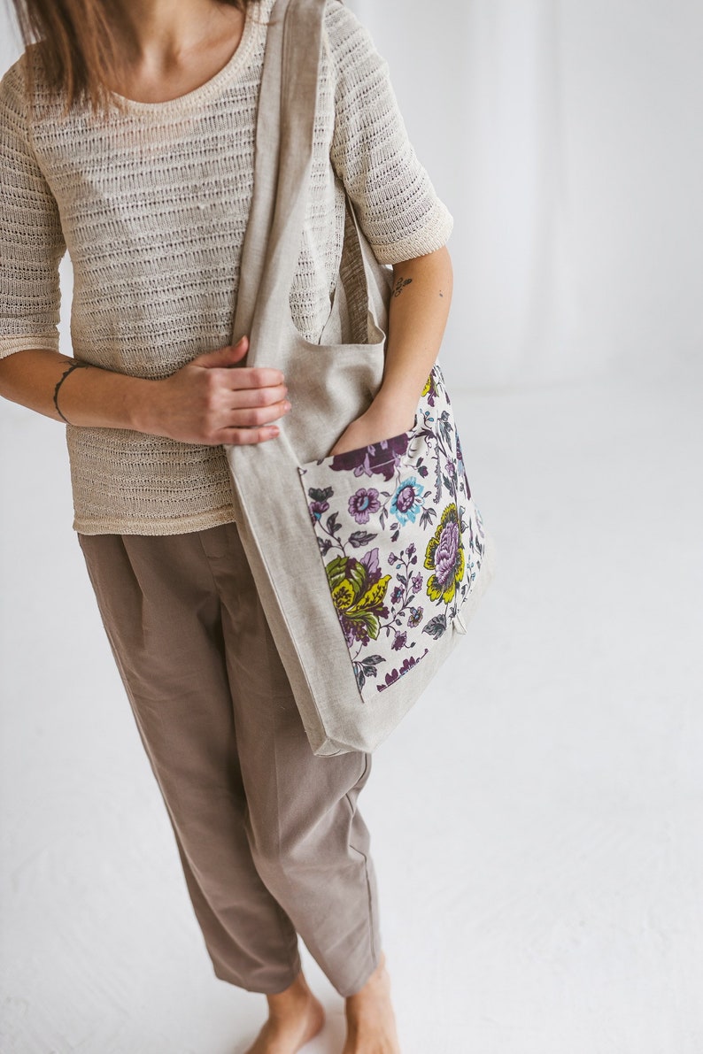 Linen Fold-up Tote with Flowers Eco friendly Reusable Shopper Bag image 2