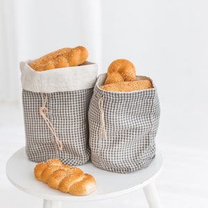 Linen Bread Loaf Bag • Organic Food Storage with Flax String •  Small Buffalo Plaid Bakery Bag