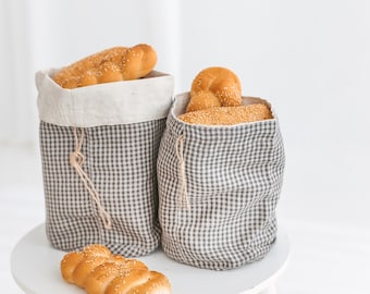 Linen Bread Loaf Bag • Organic Food Storage with Flax String •  Small Buffalo Plaid Bakery Bag