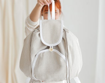 Natural Linen Backpack  • Drawstring Boho Bag with White Straps • Summer Travel Rucksack