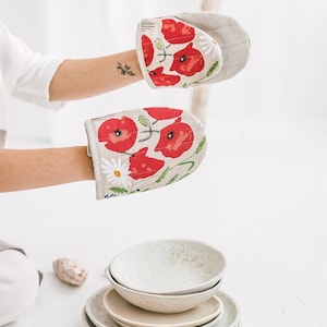 Ofenhandschuh aus Leinen mit Wildblumen Schützende Kochhandschuhe Florale Topflappen Bild 3