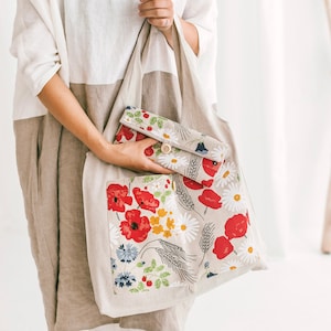 Foldable Linen Tote • Floral Handmade Shopping Bag • Eco friendly Reusable • Deep Front Pocket • WILDFLOWERS