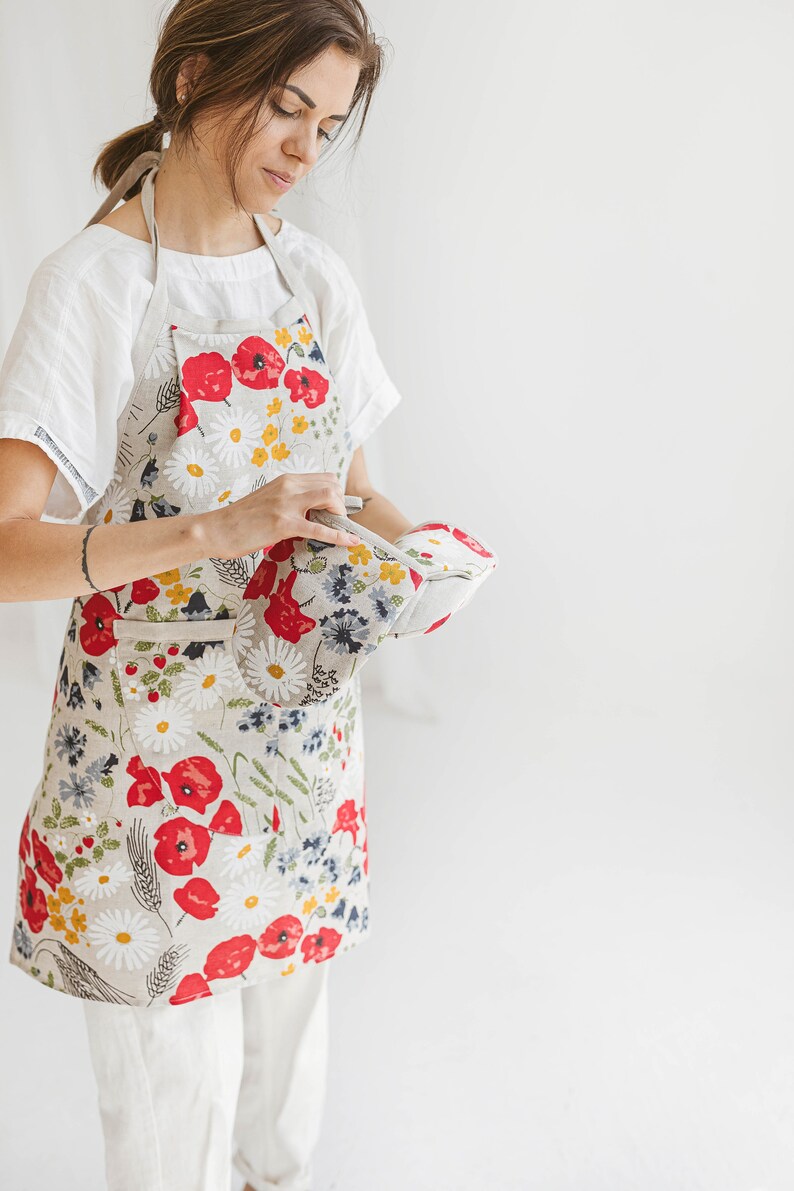 Ofenhandschuh aus Leinen mit Wildblumen Schützende Kochhandschuhe Florale Topflappen Bild 4