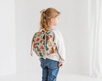 Kids Backpack with Pockets  • Linen Drawstring Eco Friendly Rucksack • Adjustable Straps • CATS