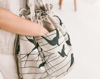 Linen Bucket Bag with Swallows • Handmade Boho Bag • Drawstring Lock Shoulder Bag • Bag with Large Front Pocket