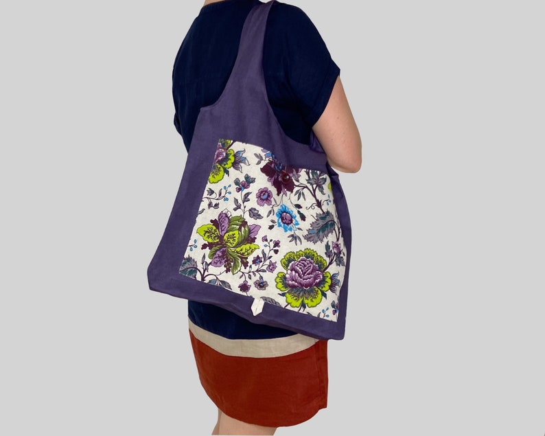 Linen Fold-up Tote with Flowers Eco friendly Reusable Shopper Bag Purple