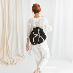 Black Linen Backpack  • Drawstring Boho Bag with Grey Straps • Summer Travel Rucksack