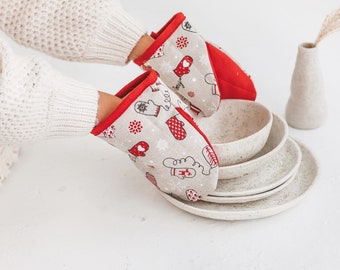 Christmas prints Oven Mitts •  Linen Kitchen Gloves  Kitchen Mini Mitt Pot Holder