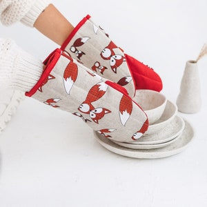 Handmade Large Linen Oven Mitts • Protective Cooking Glove • FOX