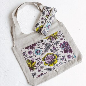 Linen Fold-up Tote with Flowers Eco friendly Reusable Shopper Bag Gray