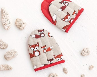 Linen Oven Mitt • Protective Cooking Glove • Handmade Kitchen Mitten • Red Pot Holder FOXES