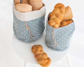 Linen Bread Loaf Bag • Polka Dot Pattern Bakery and Vegetable Bag with Flax Drawstring