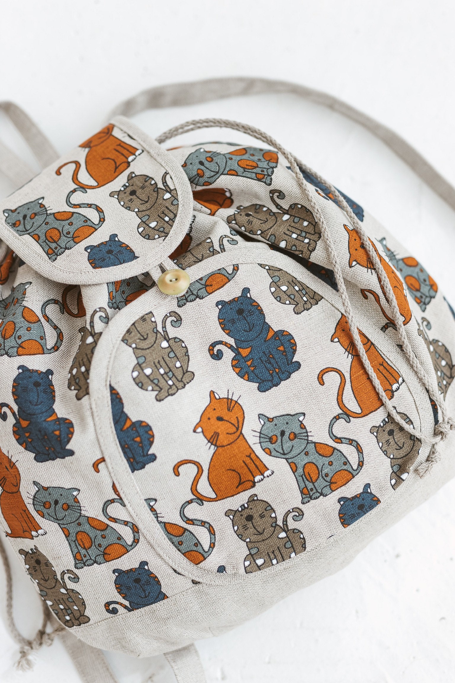 Cat Pattern Rucksack Linen Rucksack With Cheeky Cats • Women’s Girls Drawstring Boho Bag ...