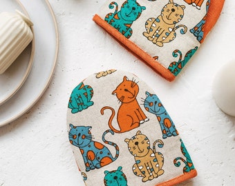 Linen Oven Mitt with Cats •  Handmade Cooking Glove • Kitchen Mini Mitt • Orange Pot Holder