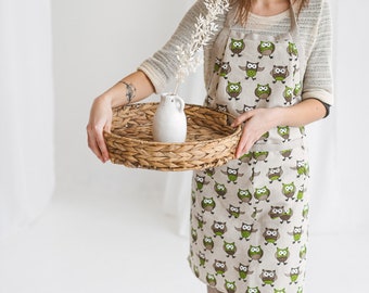 Linen Apron • Handmade Bib Apron • Apron with Deep Front Pocket • Apron for Kitchen or Gardening • OWLS