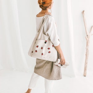 Linen Tote Bag with Ladybugs • Foldable Handmade Shopping Bag • Eco friendly Reusable Bag • Tote with Deep Front Pocket