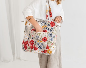 Linen Bucket Bag • Handmade Boho Bag • Drawstring Lock Shoulder Bag • Large Front Pocket • WILDFLOWERS