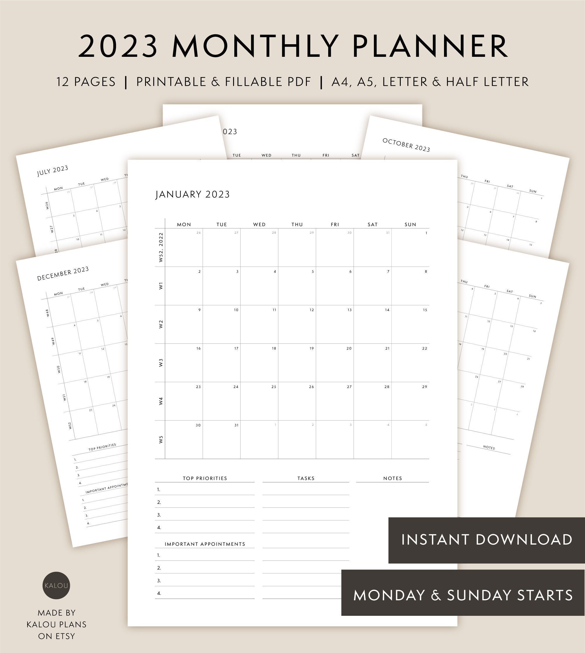 2023 Monthly Calendar Printable Calendar 2023 Calendar - Etsy