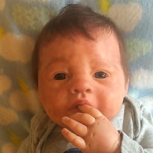 May include: A baby wearing a gray long-sleeved shirt with a tiger graphic and the word "DIESEL" on the front. The baby has dark hair and is looking at the camera with their hand near their mouth.