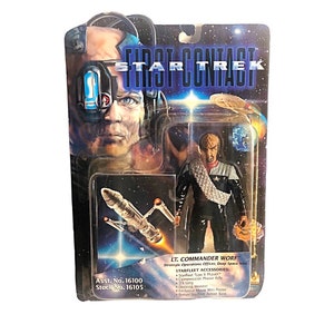 Playmates (1996) Star Trek, First Contact, Lt. Commander Worf, U.S.S. Enterprise, Actionfigur & Filmaffisch Lagernummer 16105 “Ny”