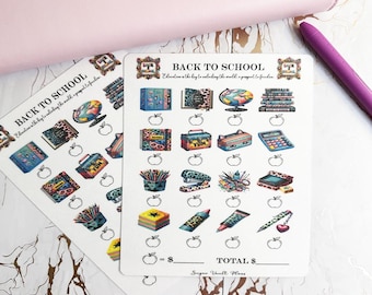 May include: Two sheets of stickers with a school theme. The stickers feature images of books, globes, and school supplies. The text "BACK TO SCHOOL" is at the top of the sheets. A purple pen and a pink wallet are in the background.