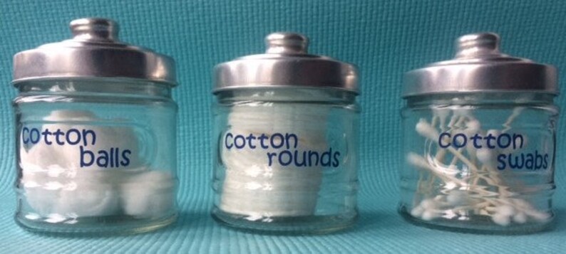 Set Of 3 Glass Jars With Lids For Your Bathroom Vanity Labeled Cotton Swabs And Rounds