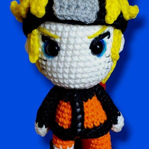 Anime Ninja crochet doll for kids and collectors, 9 inches tall, great gift for collectors of handmade Amigurumi fiber art.