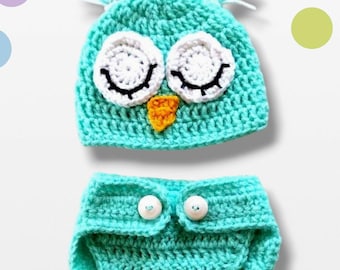 Conjunto de accesorios fotográficos de búho de ganchillo para bebé: disfraz de recién nacido, gorro y cubrepañal