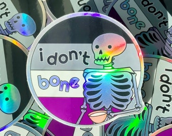 Holographic I Don't Bone Asexual Pride Sticker | Spooky Halloween LGBTQ Pun