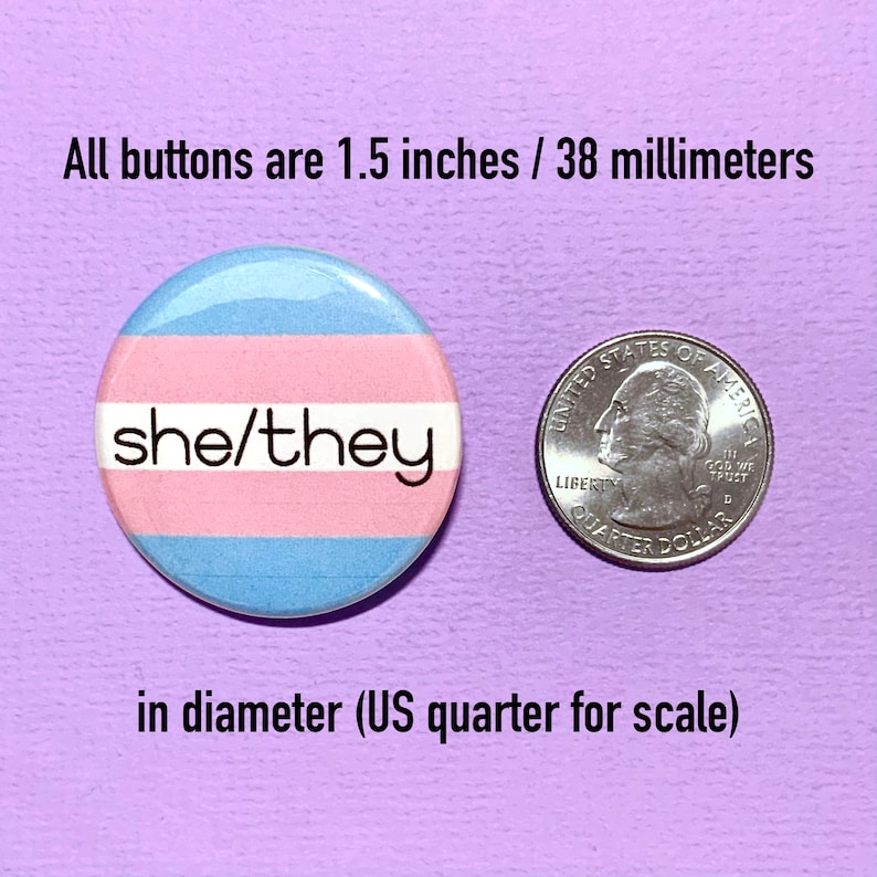 May include: A 1.5 inch diameter button featuring a transgender pride flag design. The button displays the text "she/they" in black lettering on a white stripe. A UK 20 pence coin is shown for scale.