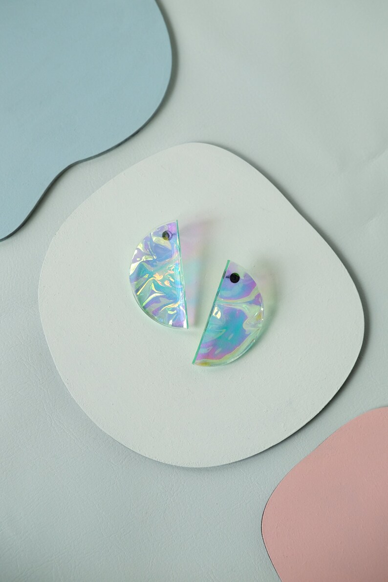 Holographic Iridescent Half Moon Earrings with Titanium Studs image 4