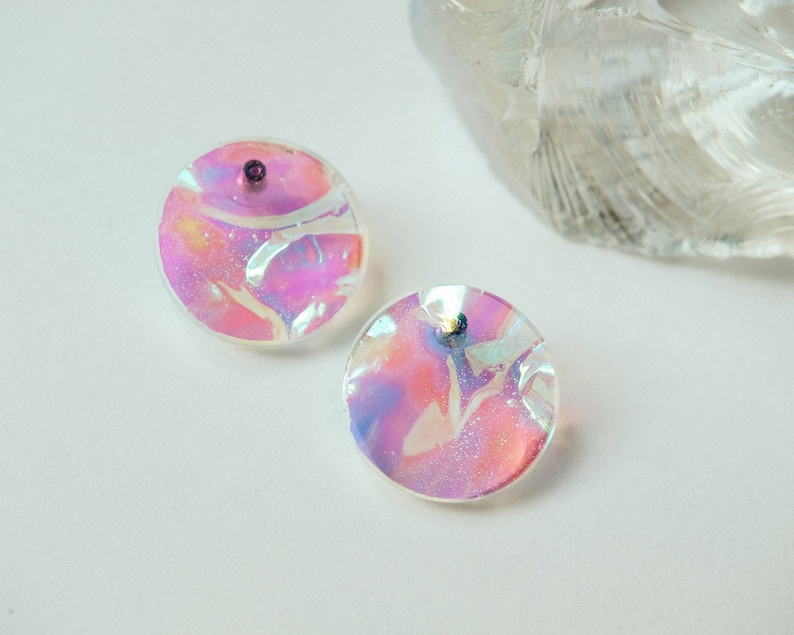 Iridescent stud earrings, holographic earrings,Festival jewelry,Unique earrings for women,resin earrings,Teen girl gifts,Nineties earrings image 1