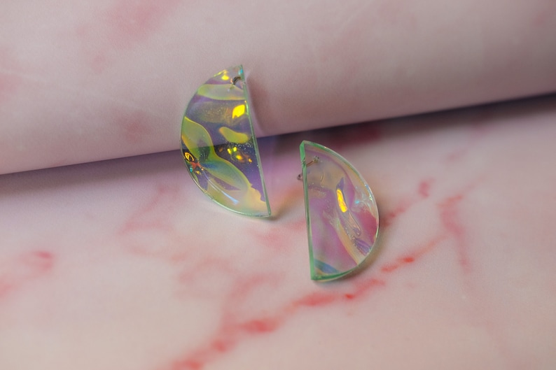 Holographic Iridescent Half Moon Earrings with Titanium Studs image 1