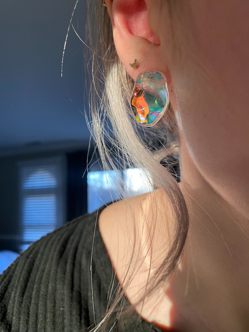 Electric Blue iridescent resin earrings, Opalite earrings, resin studs, titanium earrings, hypoallergenic, Statement studs image 6