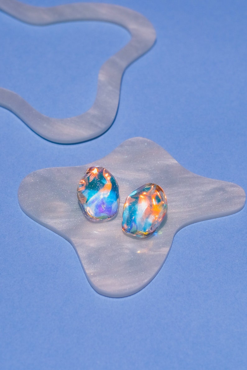 Electric Blue iridescent resin earrings, Opalite earrings, resin studs, titanium earrings, hypoallergenic, Statement studs image 2