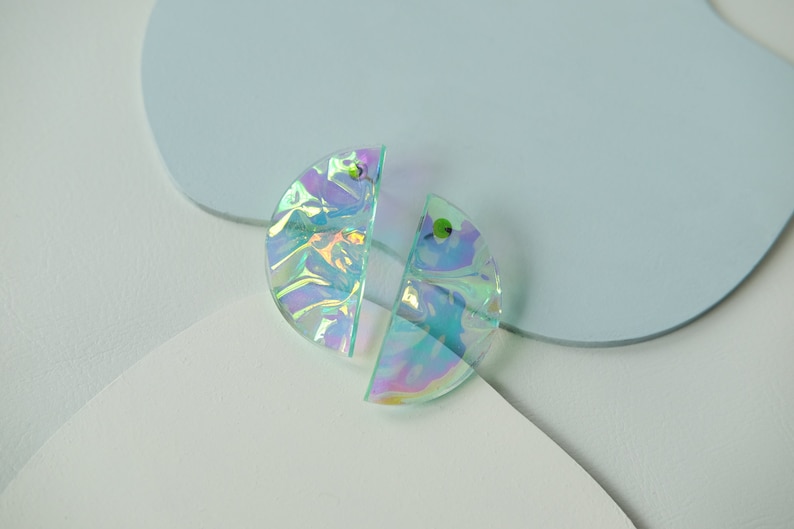 Holographic Iridescent Half Moon Earrings with Titanium Studs image 2