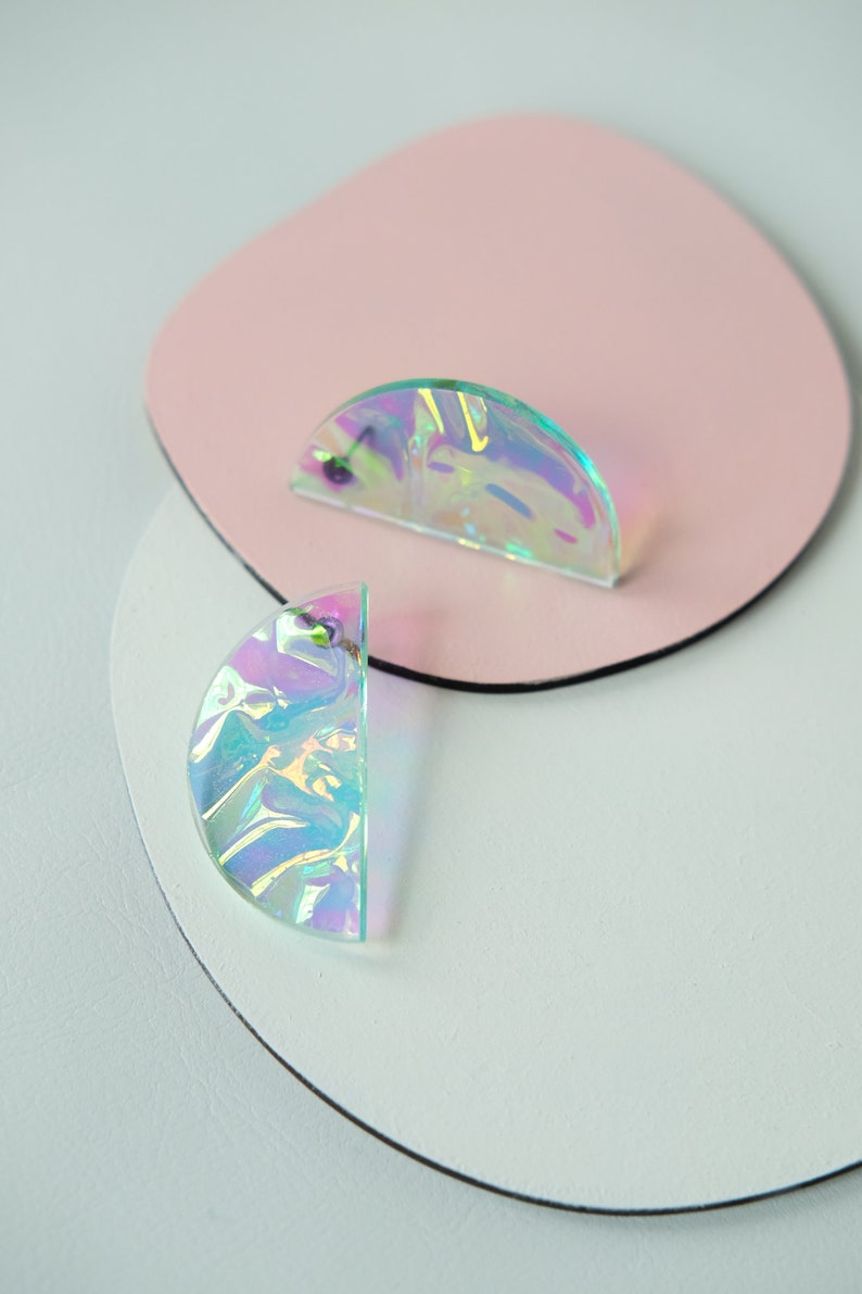Holographic Iridescent Half Moon Earrings with Titanium Studs image 6