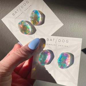 Pink iridescent earrings, titanium studs, pink holographic, hypoallergenic, Statement studs, modern mermaid