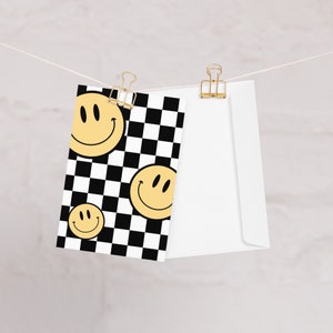 Biglietto &quot;Mi rendi felice&quot;, faccina sorridente a scacchiera retrò / Carte per amici / Regalo di positività / Regalo solo perché