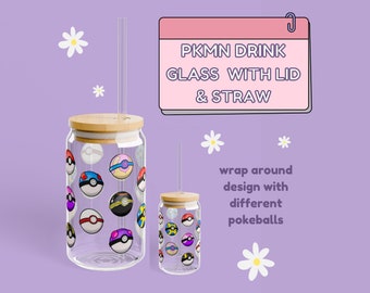 Pocket Monster Drinking Glass with Lid and straw - Ball tumbler gift perfect for summer. Nerdy gaming accessories for summer!