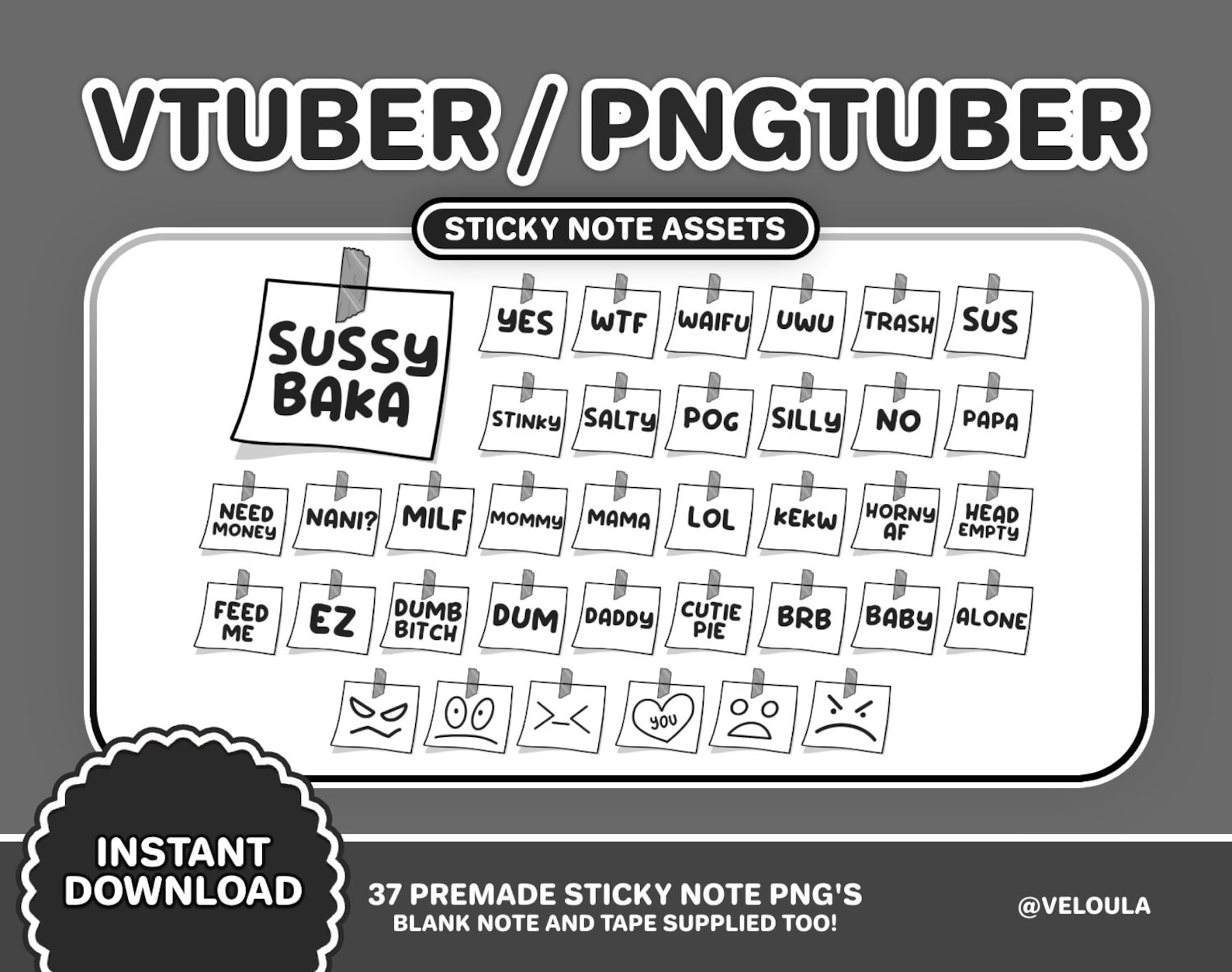 37 Vtuber / Pngtuber Sticky Note Assets Black Grey | Streamer Setup ...