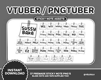37 VTuber / PNGTuber Sticky Note Assets Black Grey | Streamer Setup | Twitch Channel Points | Funny Stream overlay | Kawaii Vtubing | Live2D