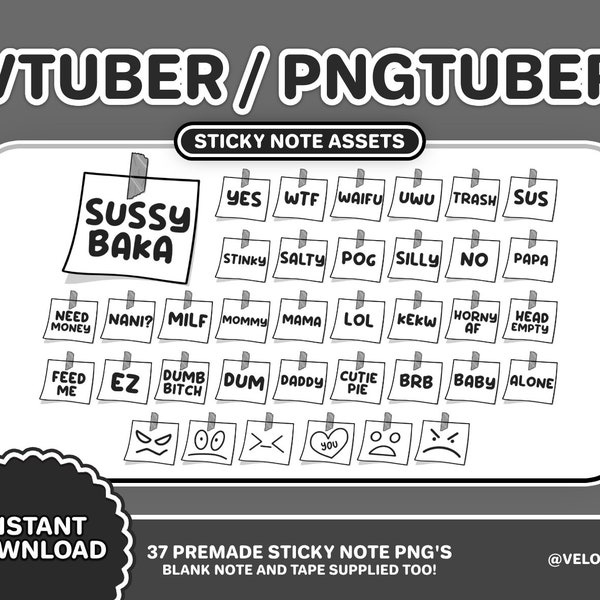 37 VTuber / PNGTuber Sticky Note Assets Black Grey | Streamer Setup | Twitch Channel Points | Funny Stream overlay | Kawaii Vtubing | Live2D