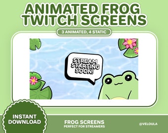 Kawaii Frog Twitch Screens | Animated Botanical Stream Overlays (Digital Download)