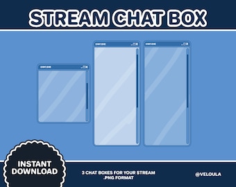 May include: Three blue chat boxes with a white border and a close button in the top right corner. The text "CHAT.EXE" is at the top of each box. The text "3 CHAT BOXES FOR YOUR STREAM .PNG FORMAT" is below the boxes. The text "@VELOULA" is in the bottom right corner. The text "INSTANT DOWNLOAD" is in a circle in the bottom left corner.